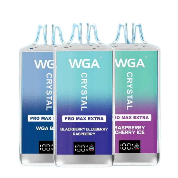 Three WGA Crystal Pro Max Extra 15000 Puff devices in blue, blackberry blueberry and raspberry cherry flavours