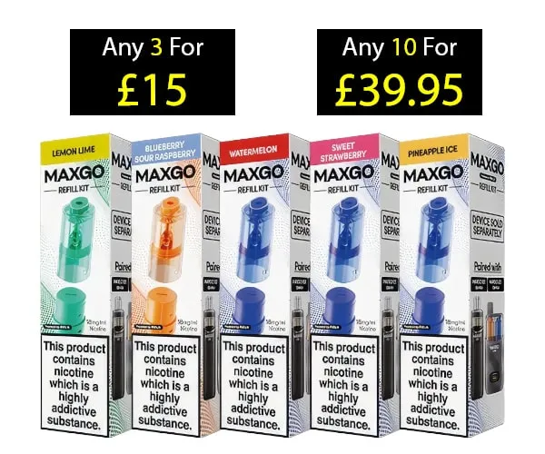 RELX Maxgo Refill Pods promotional display, five flavours shown, Any 3 For £15 offer