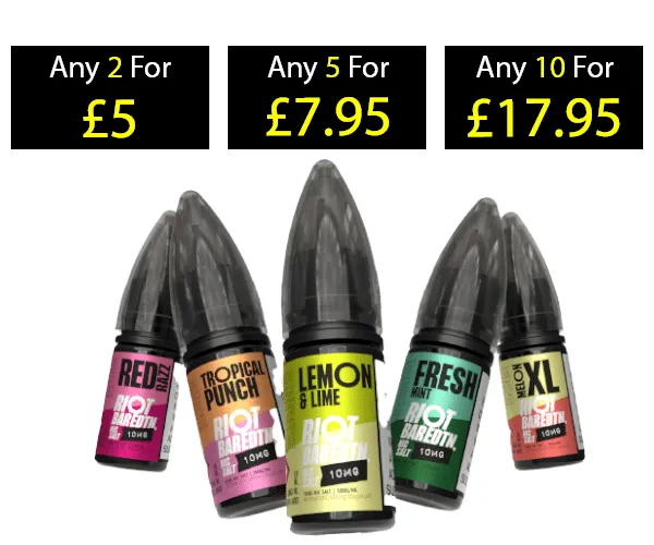 RIOT Bar EDTN Nic Salt E-Liquids, five flavours displayed with multibuy pricing options