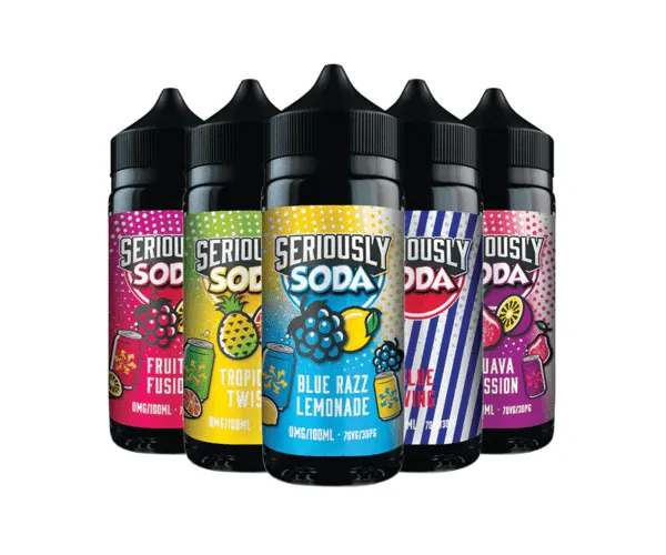 Doozy Seriously Soda 100ml shortfill range, six flavours in group shot display