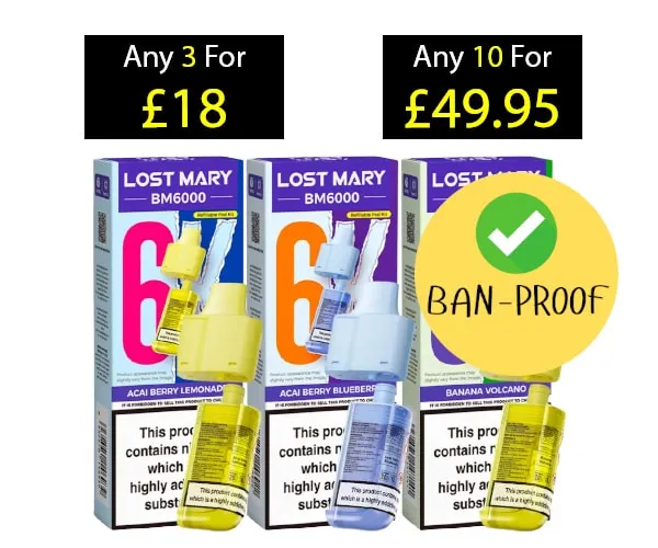 Lost Mary BM6000 prefilled pods 20mg multibuy pricing graphic: three units for £18, ten for £49.95, ban-proof badge
