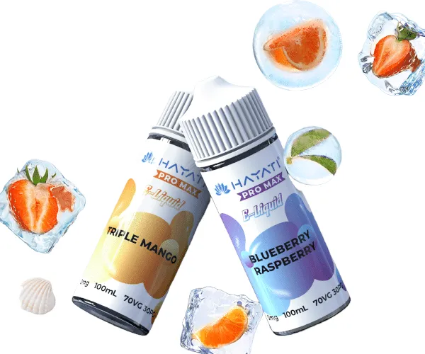Hayati Pro Max E-Liquid 100mL lifestyle shot with flavours and ice
