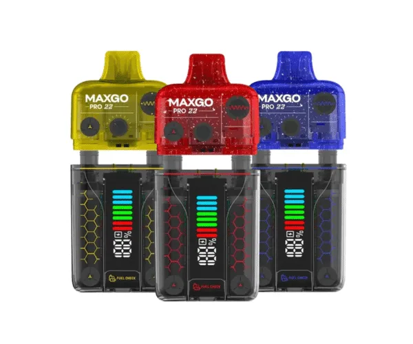 RELX MaxGo Pro 22 group shot, three devices in yellow, red and blue with LED displays