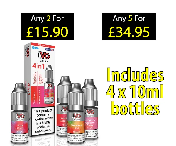 IVG Salts 4 In 1 20mg four 10ml bottles with multibuy pricing graphic displayed