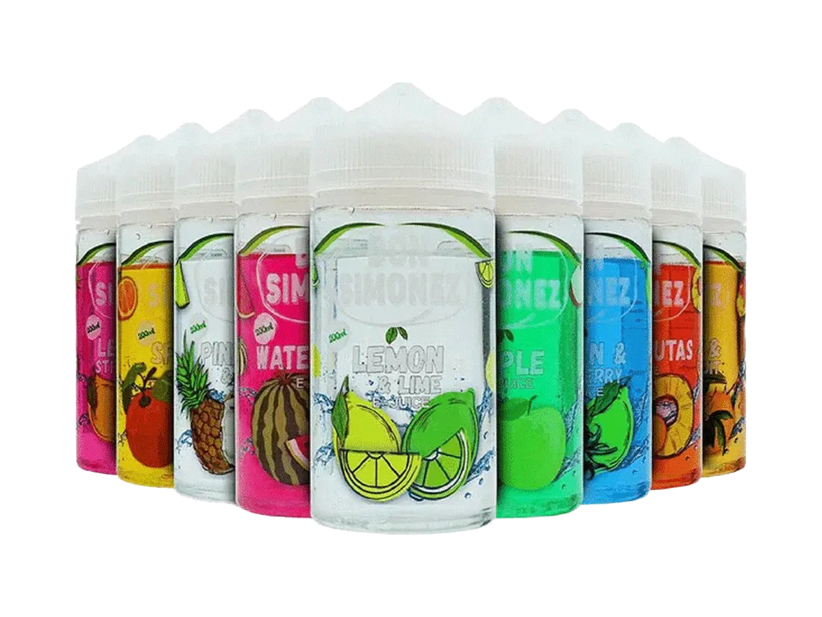 Ten Seriously e-liquid 200ml bottles in various fruit flavours arranged in a circle