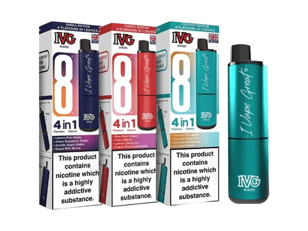 IVG 2400 disposable vapes in three editions: Shisha Lemon, Cherry, and Coconut with 4-in-1 flavour switching, shown with Coconut device