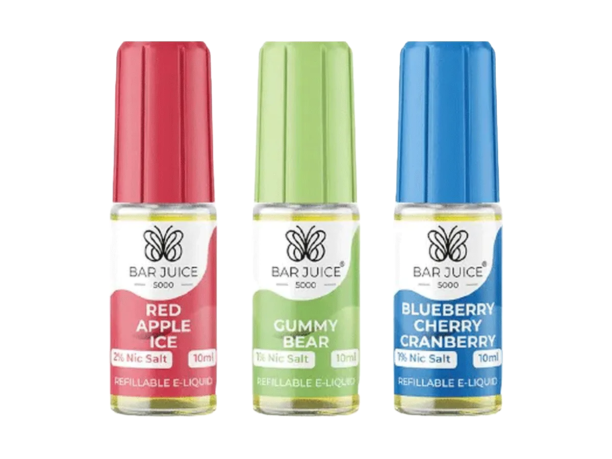 Three Bar Juice 5000 refillable e-liquids: Red Apple Ice 2% nic salt, Gummy Bear 1%, Blueberry Cherry Cranberry 1%, 10ml each