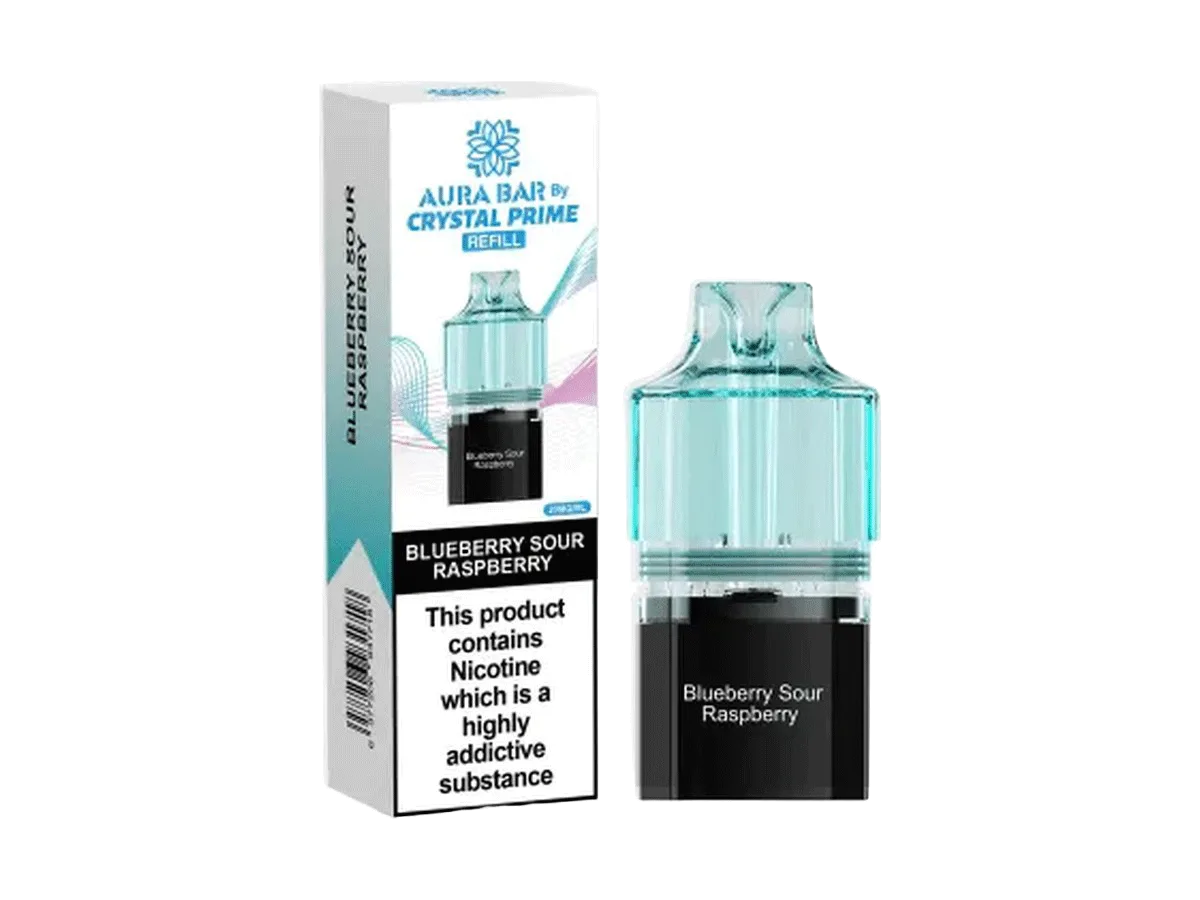 Aura Bar by Crystal Prime refillable pod with Blueberry Sour Raspberry flavour, box and device
