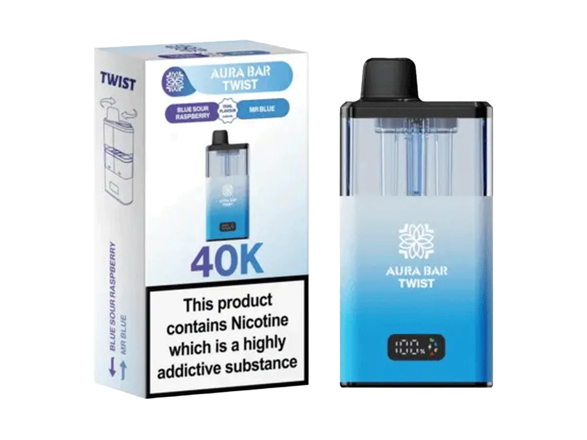 Aura Bar Twist 40K disposable vape with box showing Blue Sour Raspberry and Mr Blue flavours